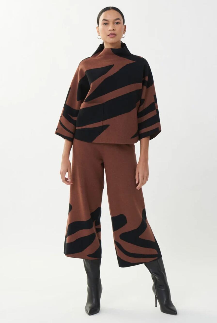 Joseph Ribkoff Sweater Pant Set Small Toffee Animal Print Jacquard Wide Leg Crop